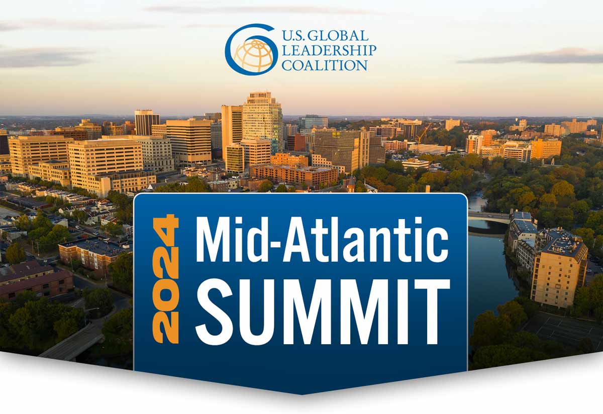 Image of Wilmington, DE skyline over sunrise. Introducing U.S. Global Leadership Coalition's 2024 Mid-Atlantic Summit.