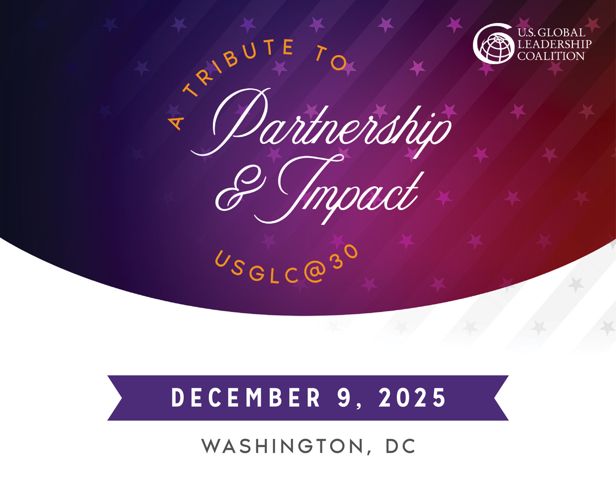USGLC event graphic with a purple and red gradient background featuring the text “A Tribute to Partnership & Impact – USGLC@30,” the U.S. Global Leadership Coalition logo, and event details: December 9, 2025 in Washington, DC.