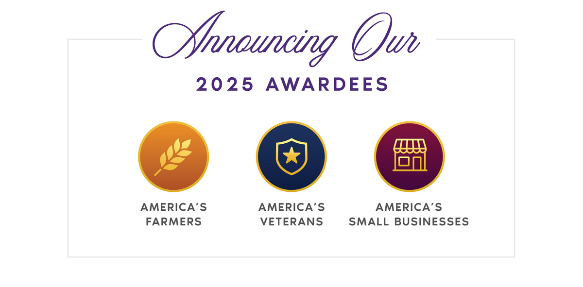 Graphic announcing USGLC’s 2025 awardees, featuring three icons representing America’s Farmers, America’s Veterans, and America’s Small Businesses.
