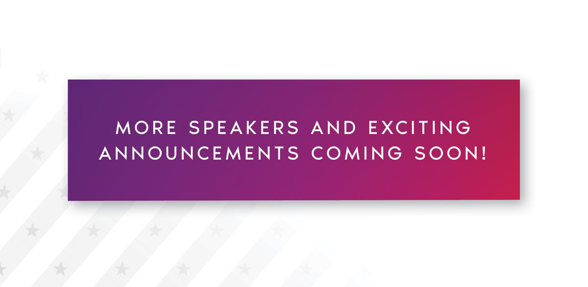 Gradient banner with the text: ‘More speakers and exciting announcements coming soon!