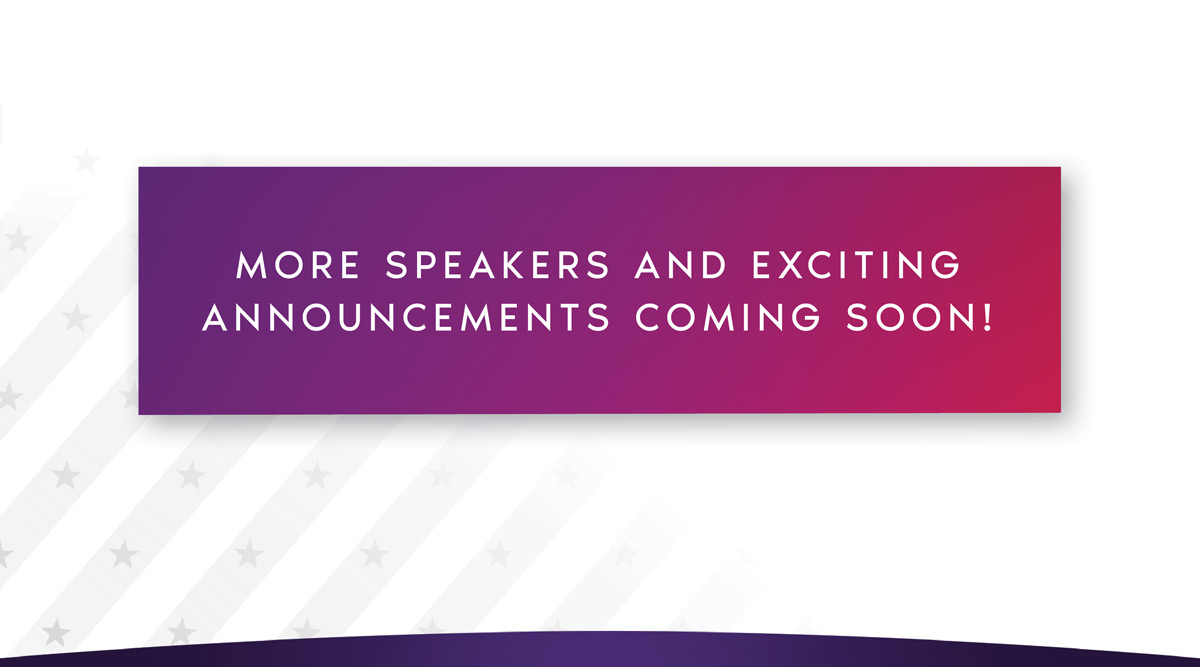 Gradient banner with the text: ‘More speakers and exciting announcements coming soon!