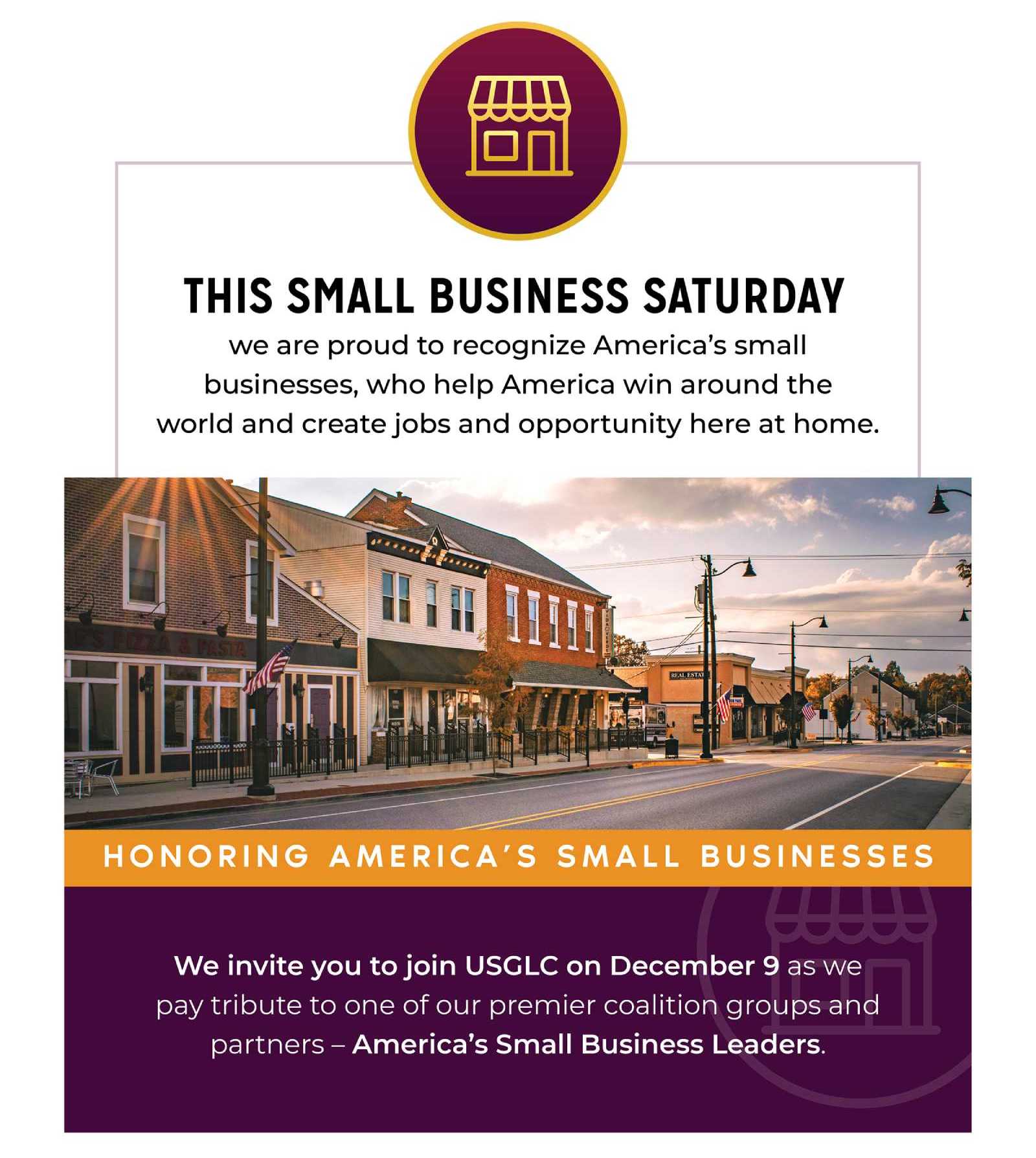 Graphic titled “Honoring America’s Farmers” with a Thanksgiving message as USGLC thanks farmers for feeding the world, featuring an orange wheat icon and an aerial photo of farmland. Includes an invitation to join USGLC on December 9 to honor Farmers for Prosperity.