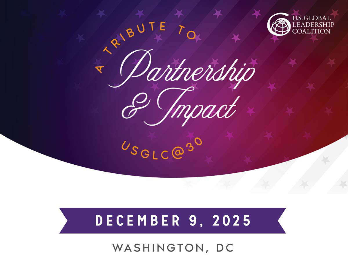 USGLC event graphic with a purple and red gradient background featuring the text “A Tribute to Partnership & Impact – USGLC@30,” the U.S. Global Leadership Coalition logo, and event details: December 9, 2025 in Washington, DC.