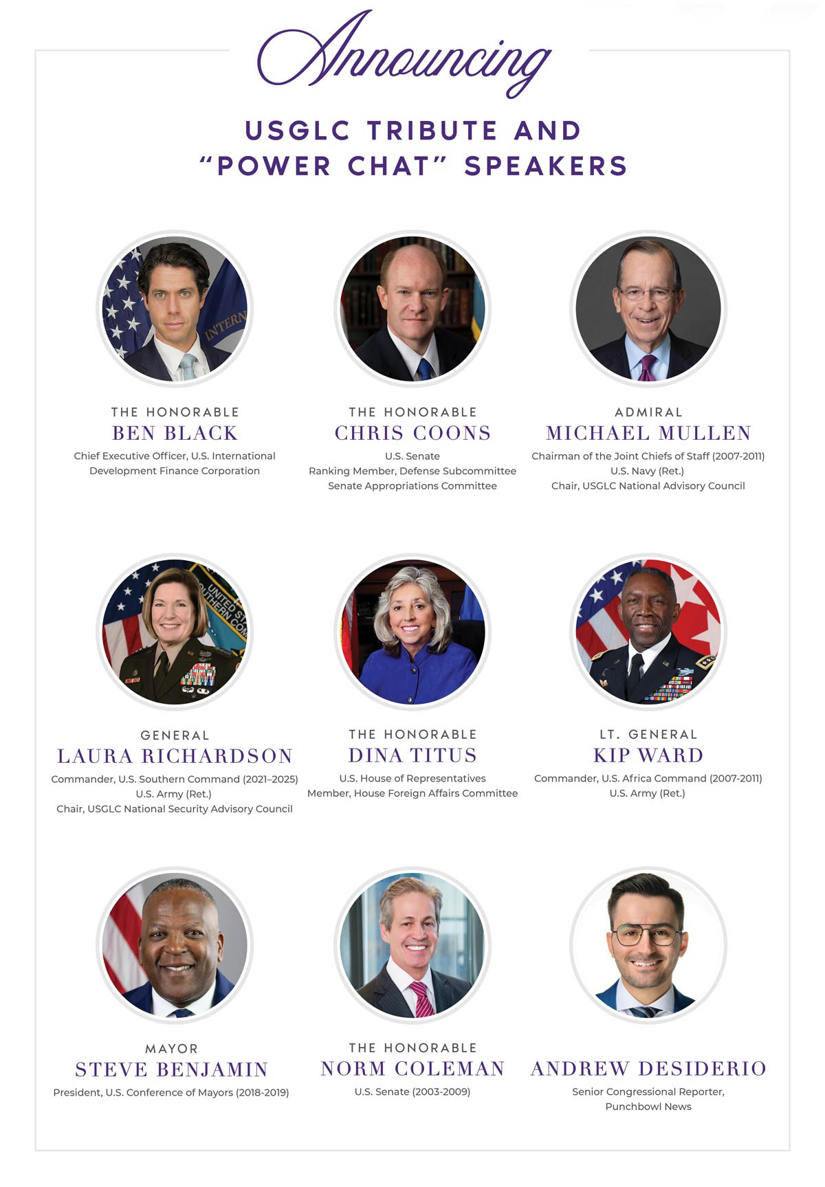 Graphic announcing nine featured speakers for USGLC’s Tribute to Partnership & Impact: USGLC@30 on December 9, including leaders from government, business, and the national security community.