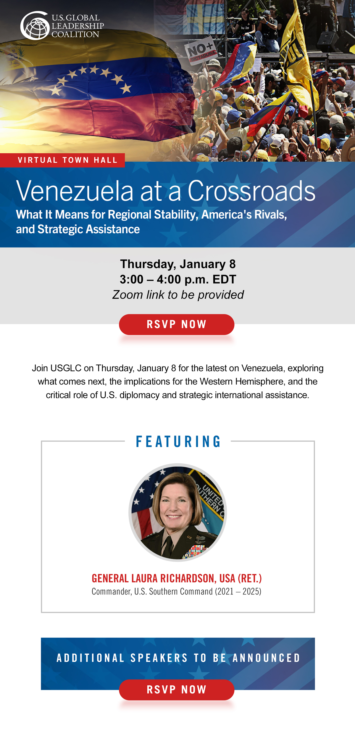 USGLC virtual town hall graphic titled “Venezuela at a Crossroads,” featuring Venezuelan imagery and General Laura Richardson.