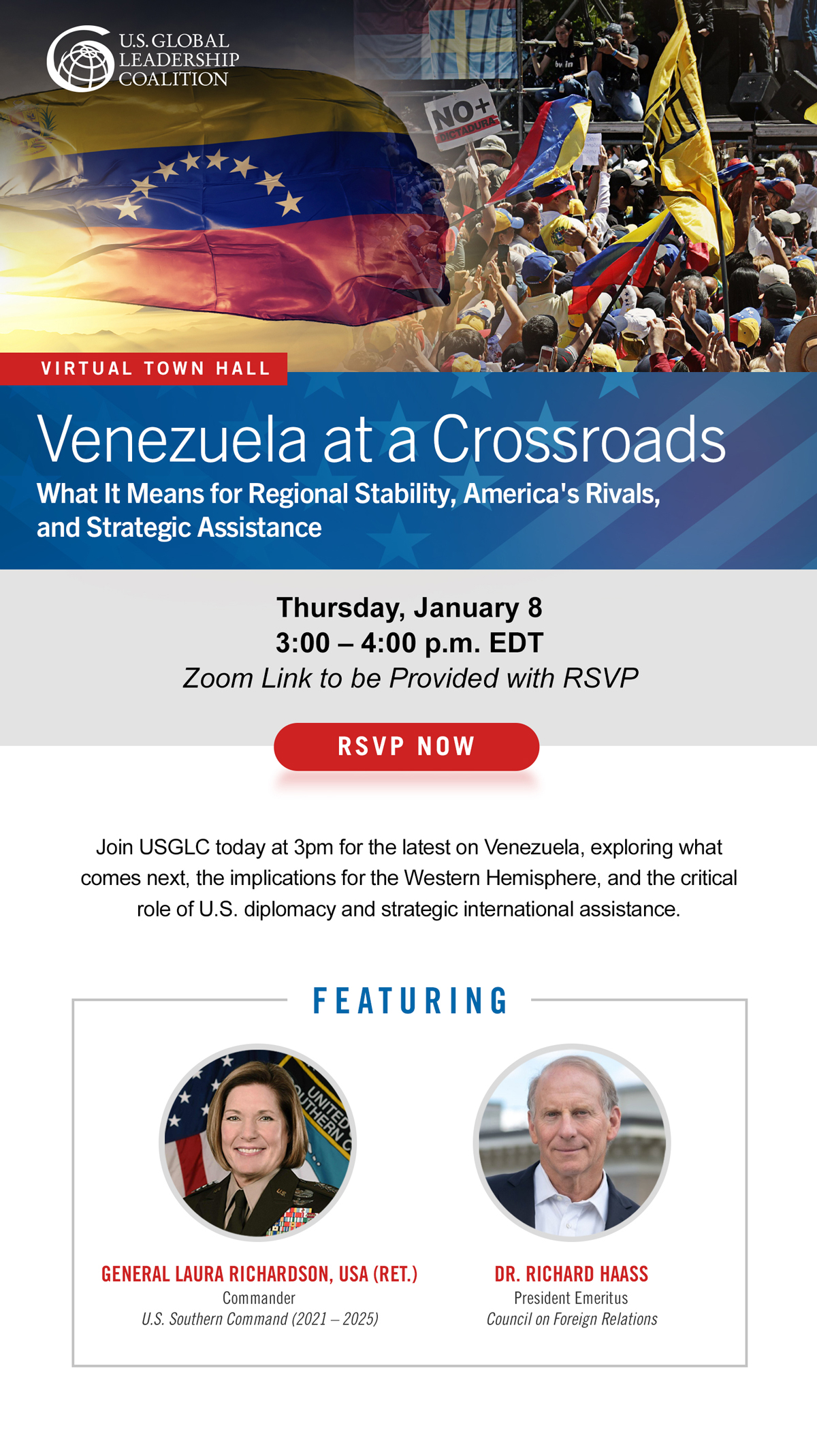 USGLC virtual town hall on Venezuela’s future, featuring Gen. Laura Richardson and Dr. Richard Haass. Event is Jan. 8, 3–4 p.m. EDT via Zoom.