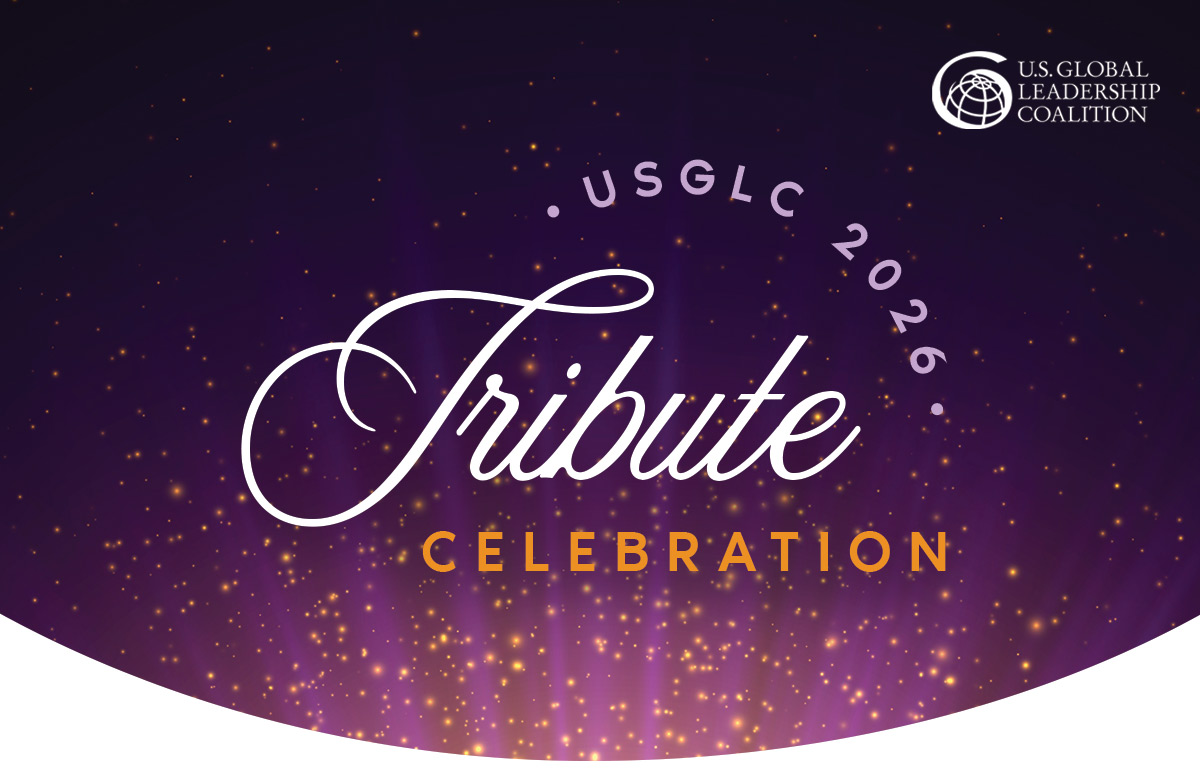 Graphic with deep purple and red gradient background and subtle stars, reading ‘An Evening of Community & Impact — USGLC@30’, with the U.S. Global Leadership Coalition logo in the top right.